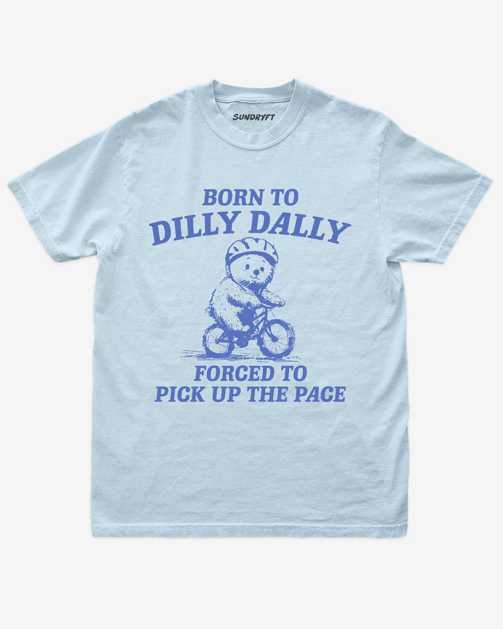 Born To Dilly Dally Forced To Pick Up The Pace shirt in chambray with bear riding bicycle graphic