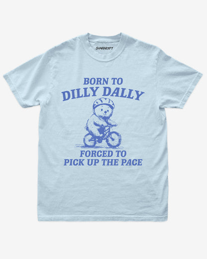 Born To Dilly Dally Forced To Pick Up The Pace shirt in chambray with bear riding bicycle graphic