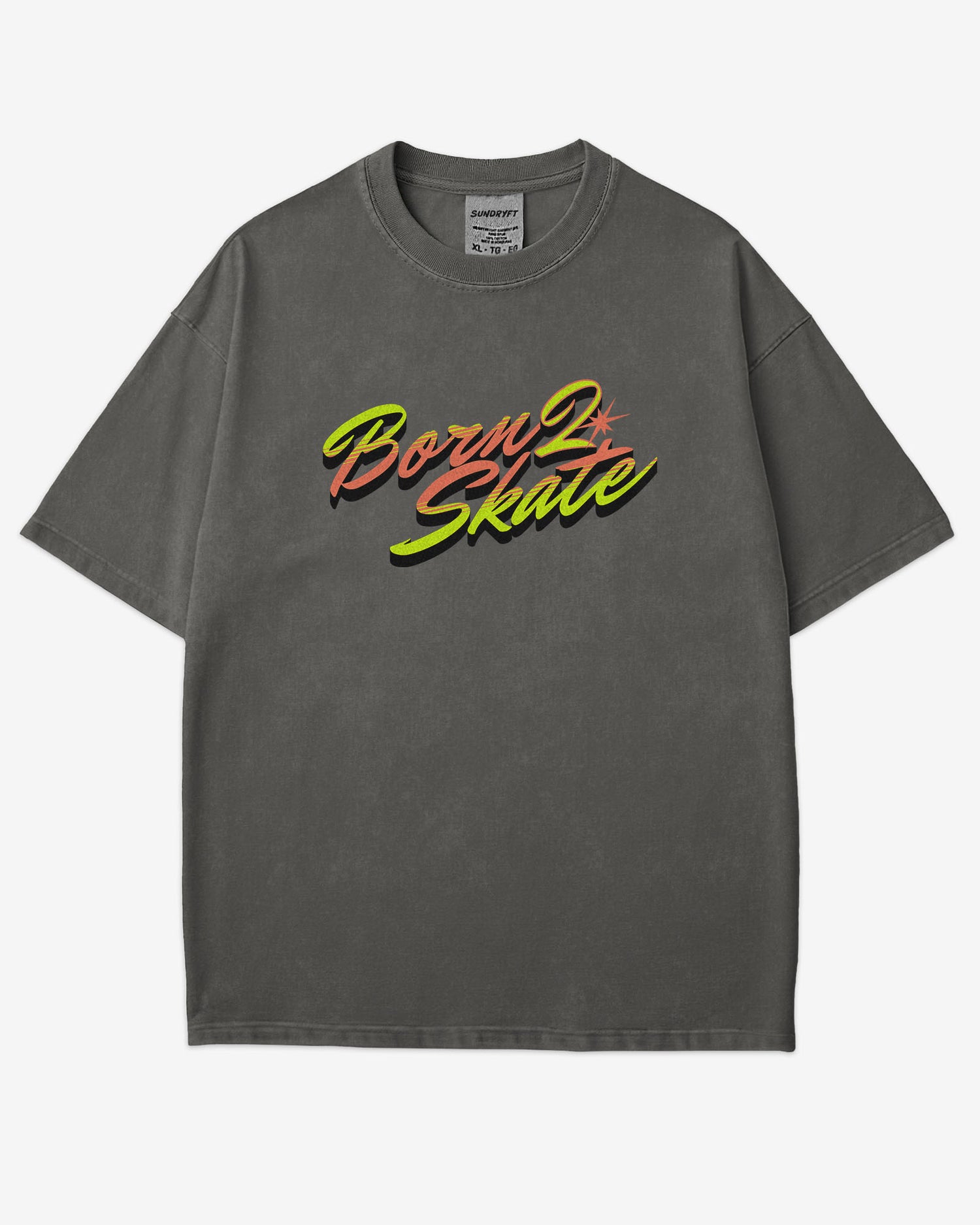 Flat lay pepper “Born 2 Skate” shirt.