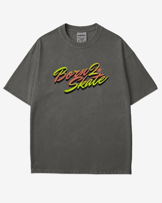 Flat lay pepper “Born 2 Skate” shirt.