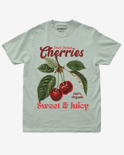 Cherries Fruit Shirt retro vintage graphic tee flat lay in bay