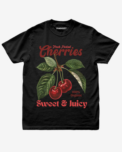 Cherries Fruit Shirt retro vintage graphic tee flat lay in black
