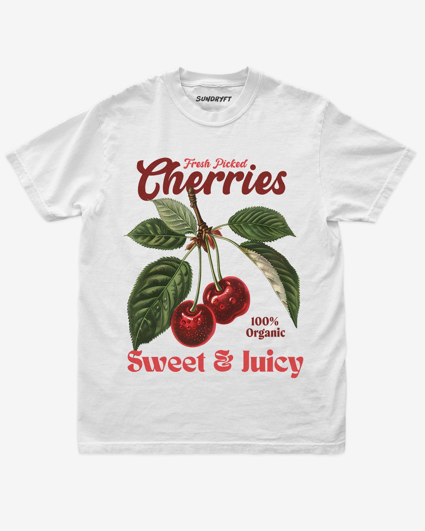 Cherries Fruit Shirt retro vintage graphic tee flat lay in white