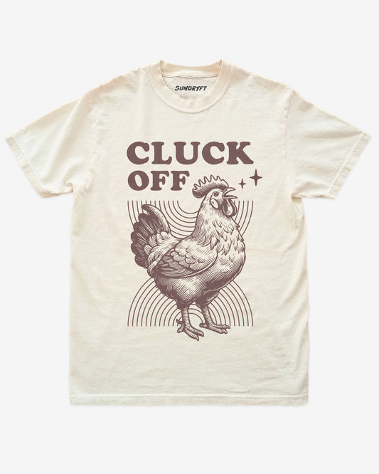 Cluck Off shirt in ivory with retro chicken graphic