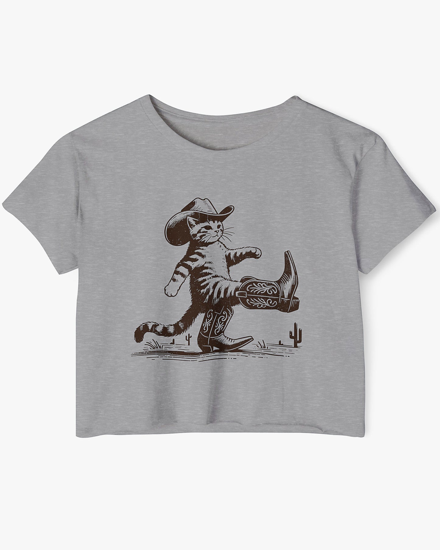 Flat lay heather gray crop top featuring a funny retro cowboy cat graphic.