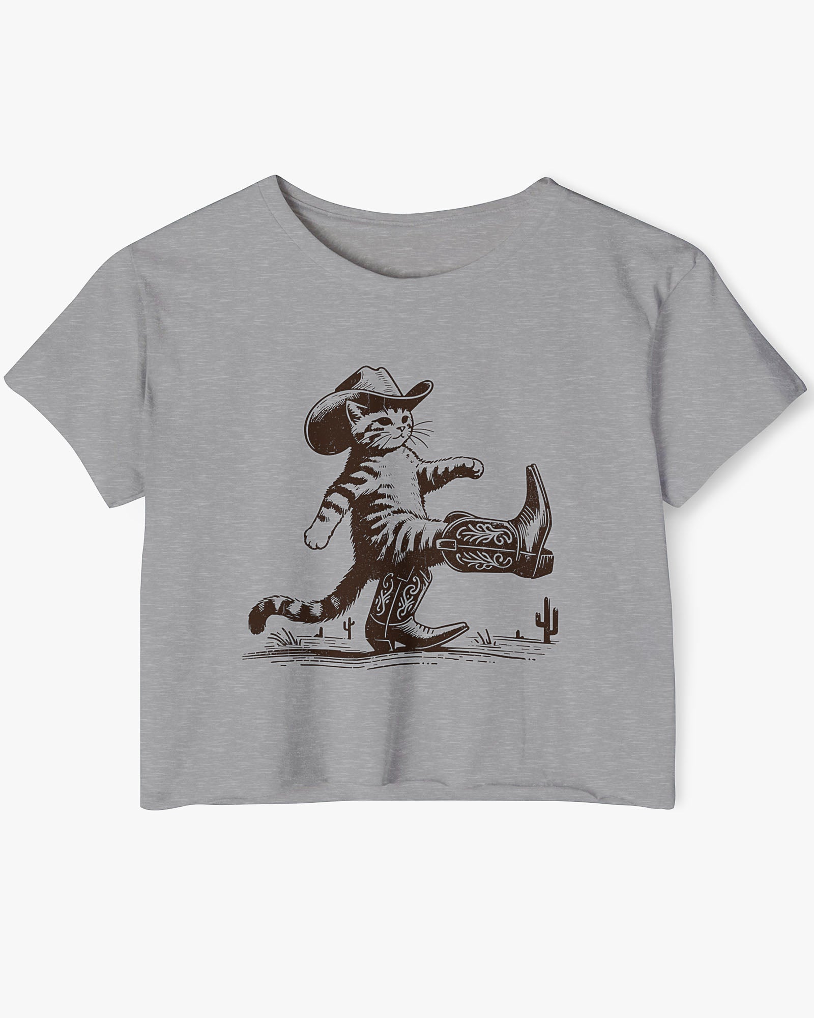 Flat lay heather gray crop top featuring a funny retro cowboy cat graphic.