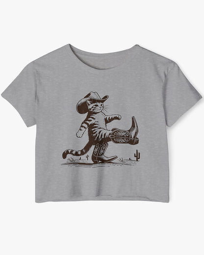 Flat lay heather gray crop top featuring a funny retro cowboy cat graphic.