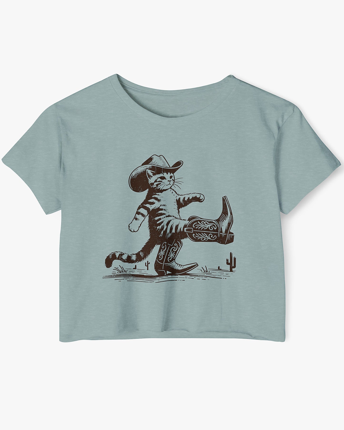 Flat lay stonewash green crop top featuring a funny retro cowboy cat graphic.