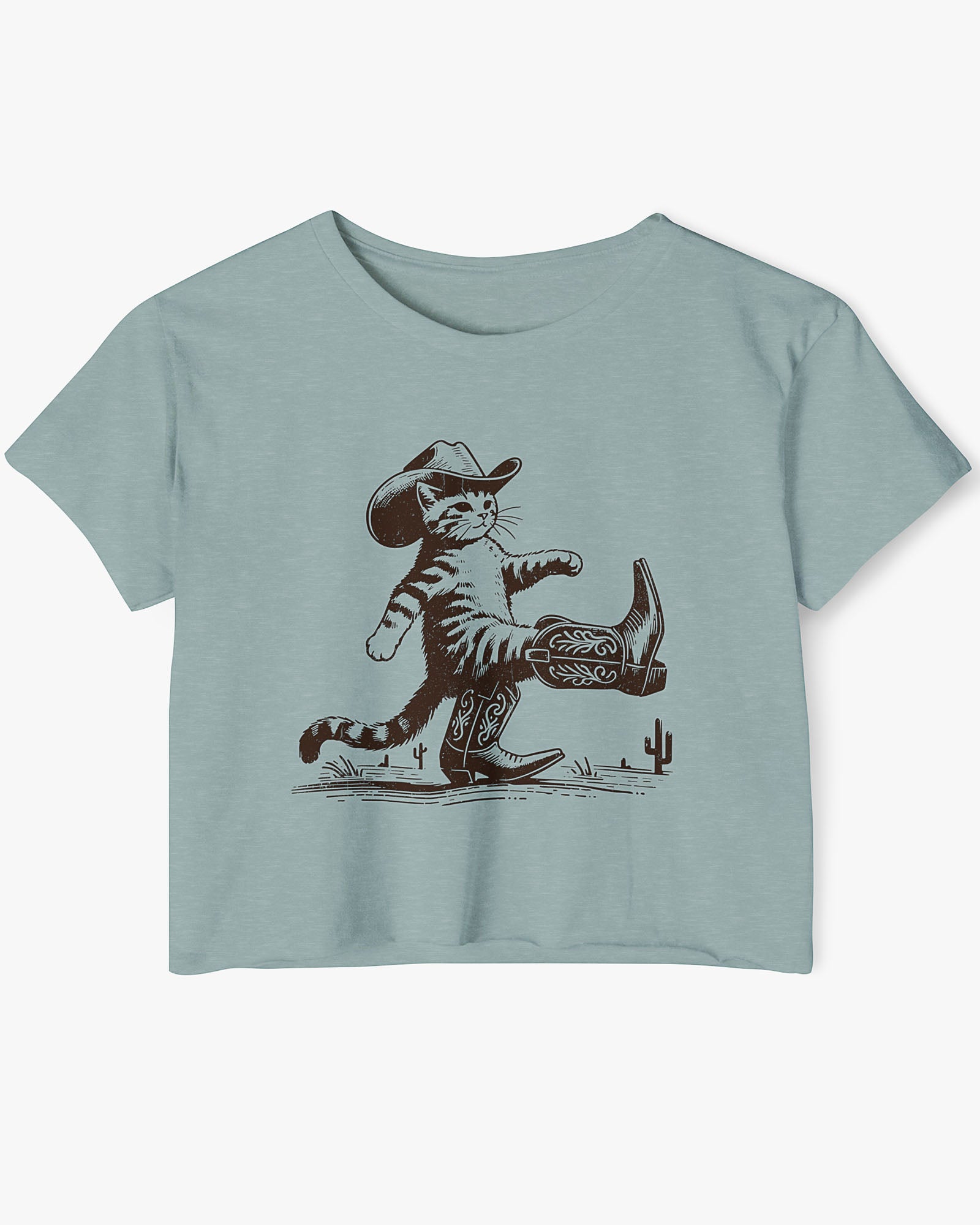 Flat lay stonewash green crop top featuring a funny retro cowboy cat graphic.