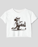 Flat lay white crop top featuring a funny retro cowboy cat graphic.