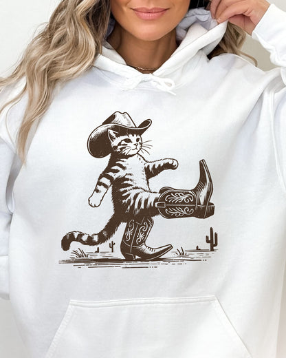 Close-up of a white hoodie featuring a retro-style cowboy cat graphic with a funny Western theme.