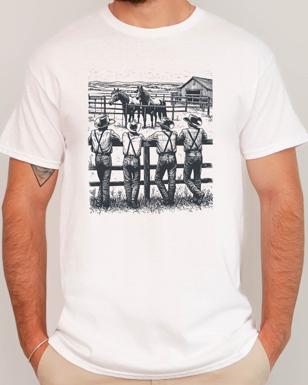 Man wearing retro graphic cowboy gang shirt in white color