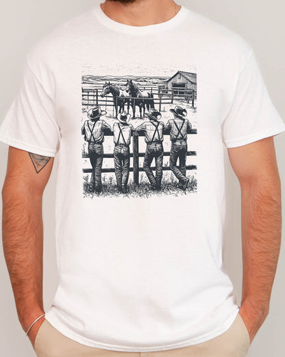 Man wearing retro graphic cowboy gang shirt in white color