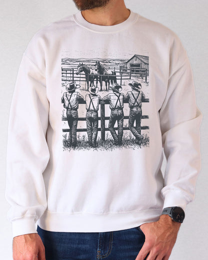 Model wearing white color sweatshirt with 'Cowboy Gang' graphic design