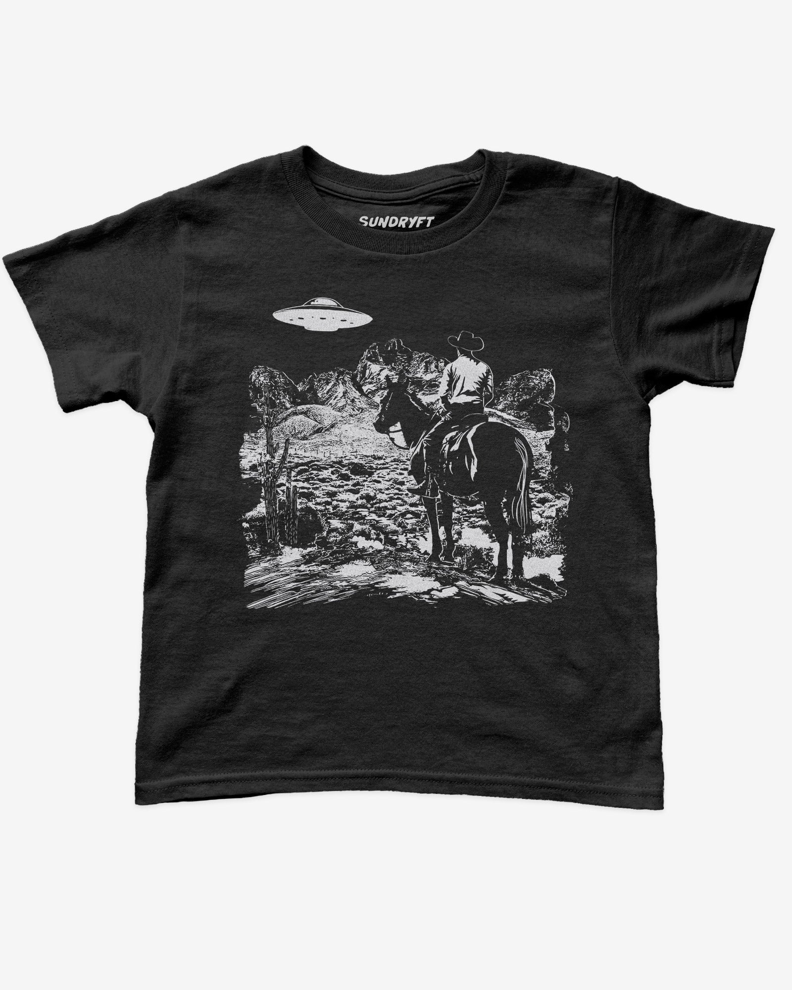 Flat lay black Y2K baby tee with retro cowboy and UFO graphic