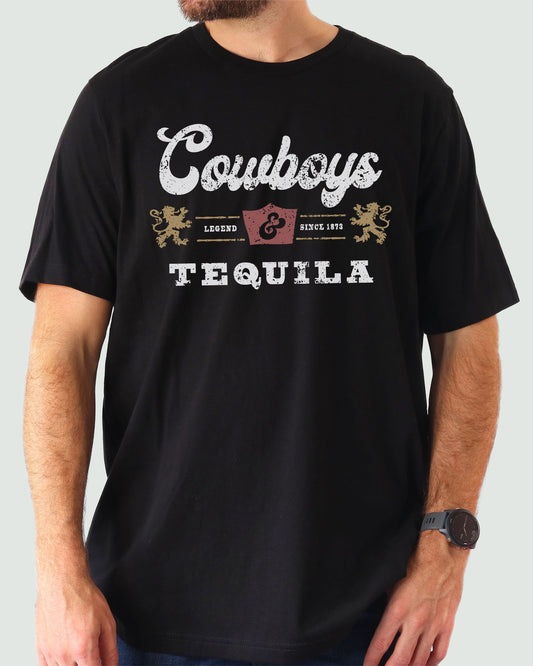 Cowboys And Tequila Shirt black color with retro western graphic print
