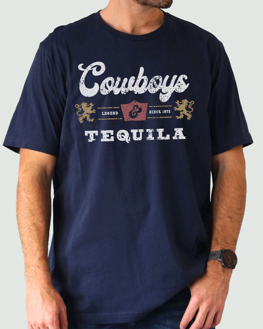 Cowboys And Tequila Shirt navy blue color with retro western graphic print