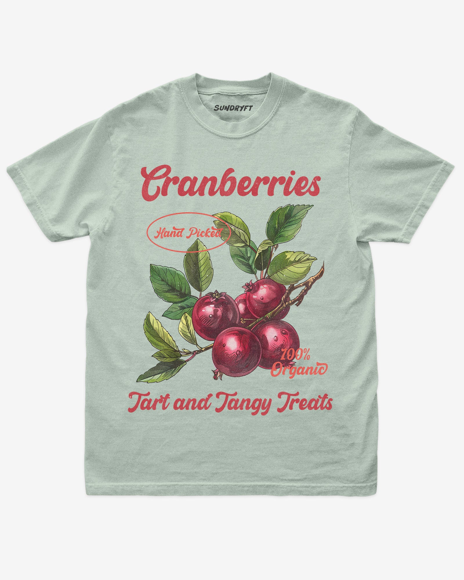 Flat lay of bay Cranberries Fruit Shirt, retro 90s vintage fruit graphic tee with tart and tangy cranberry design