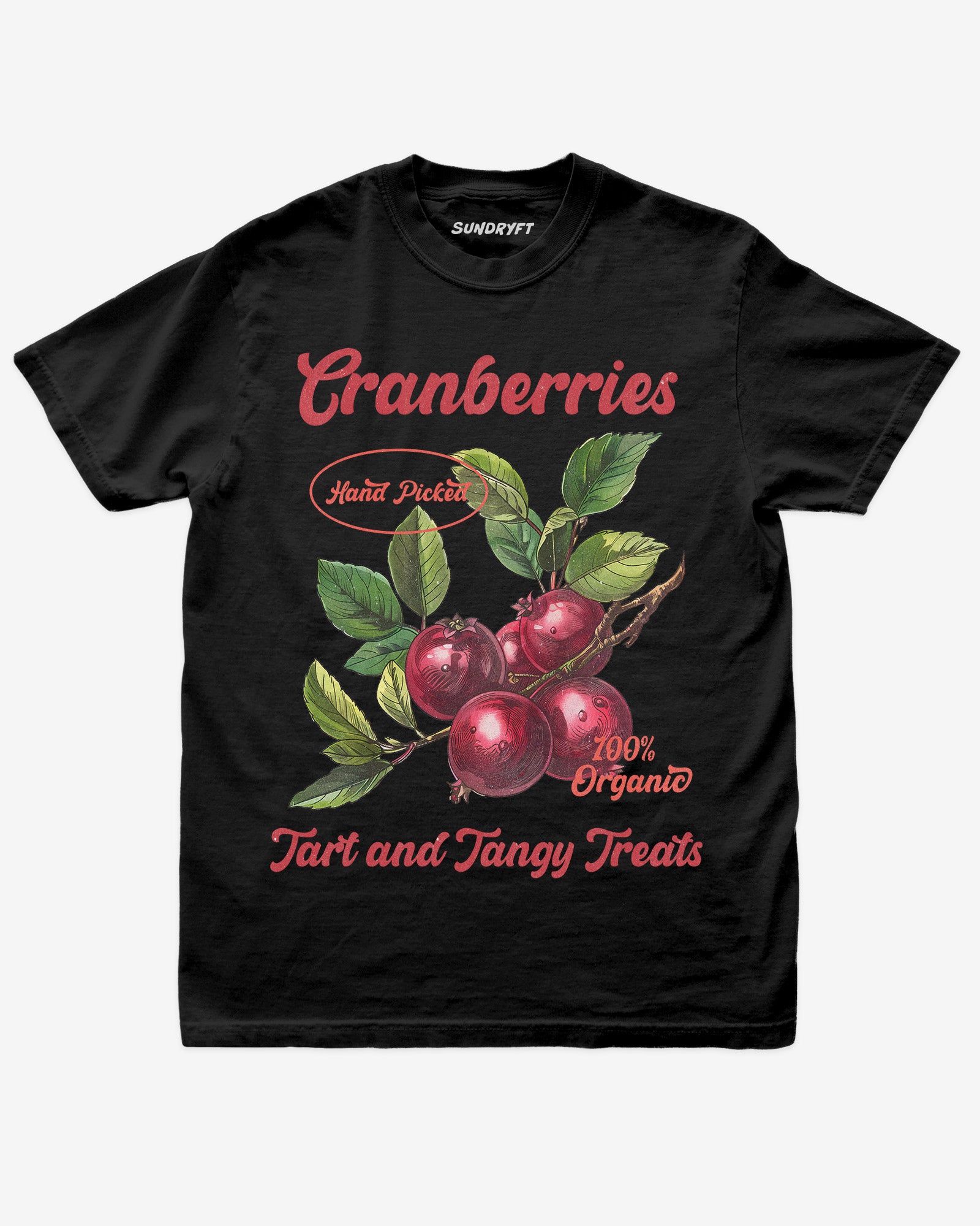 Flat lay of black Cranberries Fruit Shirt, retro 90s vintage fruit graphic tee with tart and tangy cranberry design