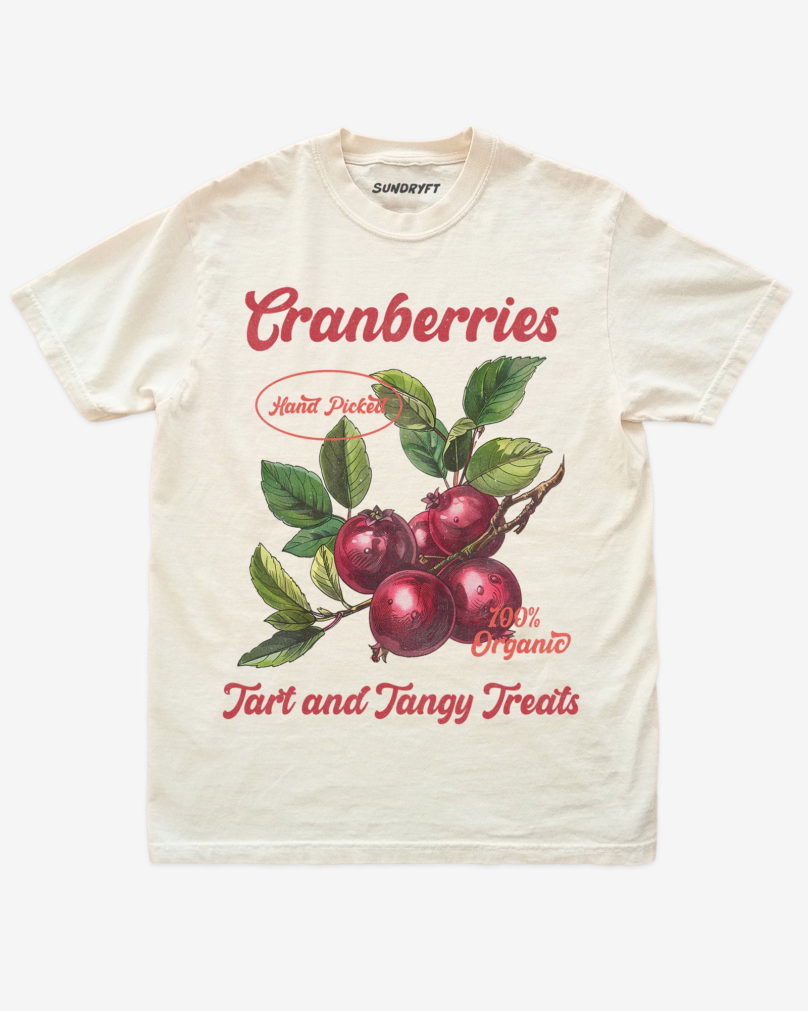 Flat lay of ivory Cranberries Fruit Shirt, retro 90s vintage fruit graphic tee with tart and tangy cranberry design