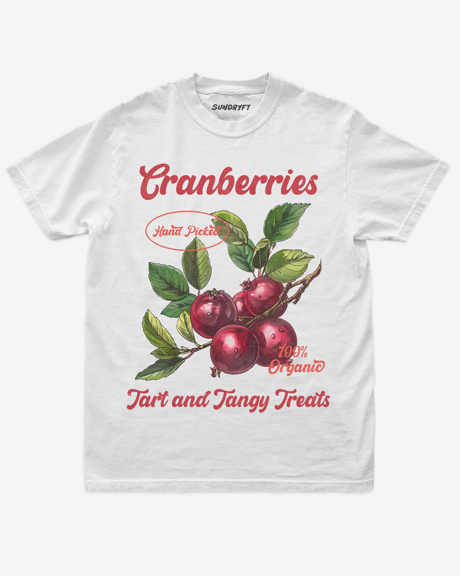 Flat lay of white Cranberries Fruit Shirt, retro 90s vintage fruit graphic tee with tart and tangy cranberry design