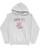 Flat lay of an ash gray 'Dam It' hoodie with a funny retro beaver graphic.