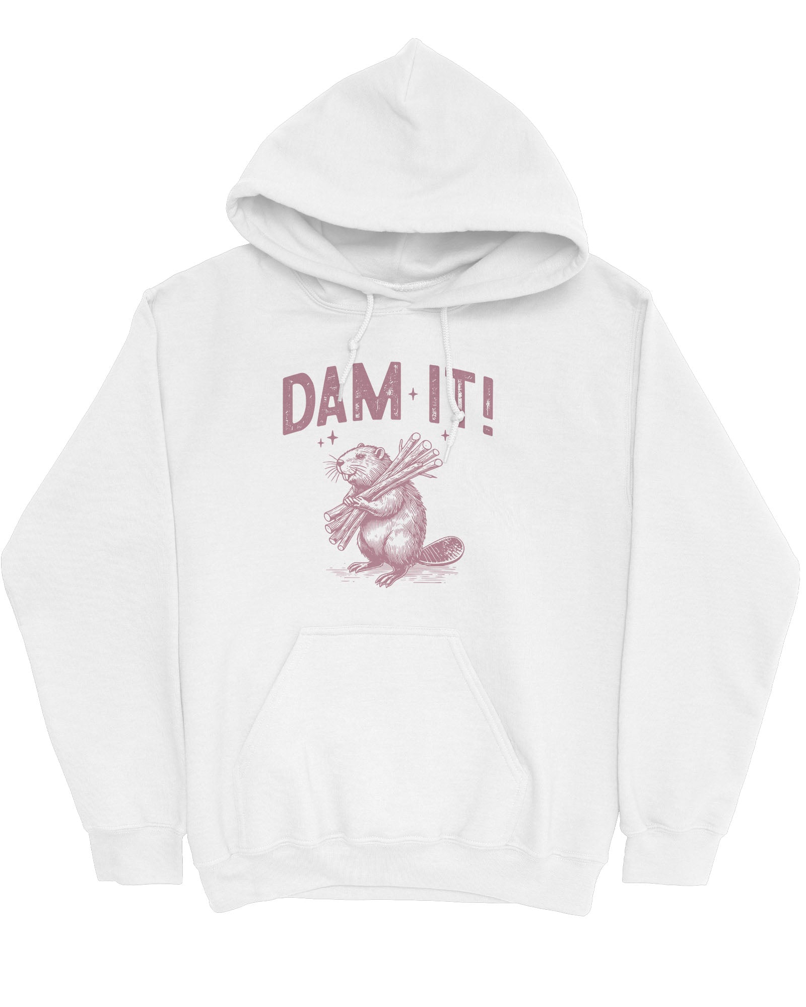 Flat lay of a white 'Dam It' hoodie with a funny retro beaver graphic.