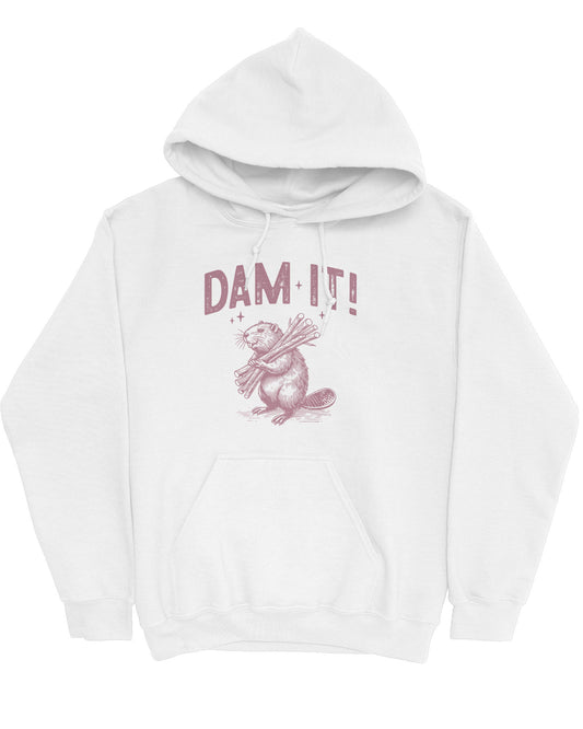 Flat lay of a white 'Dam It' hoodie with a funny retro beaver graphic.