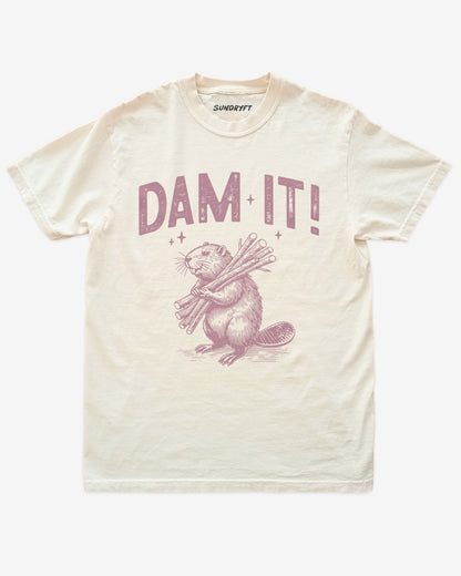 Dam It shirt in ivory with retro beaver graphic