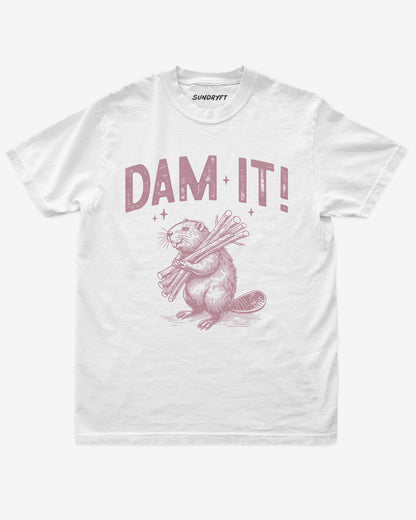 Dam It shirt in white with retro beaver graphic
