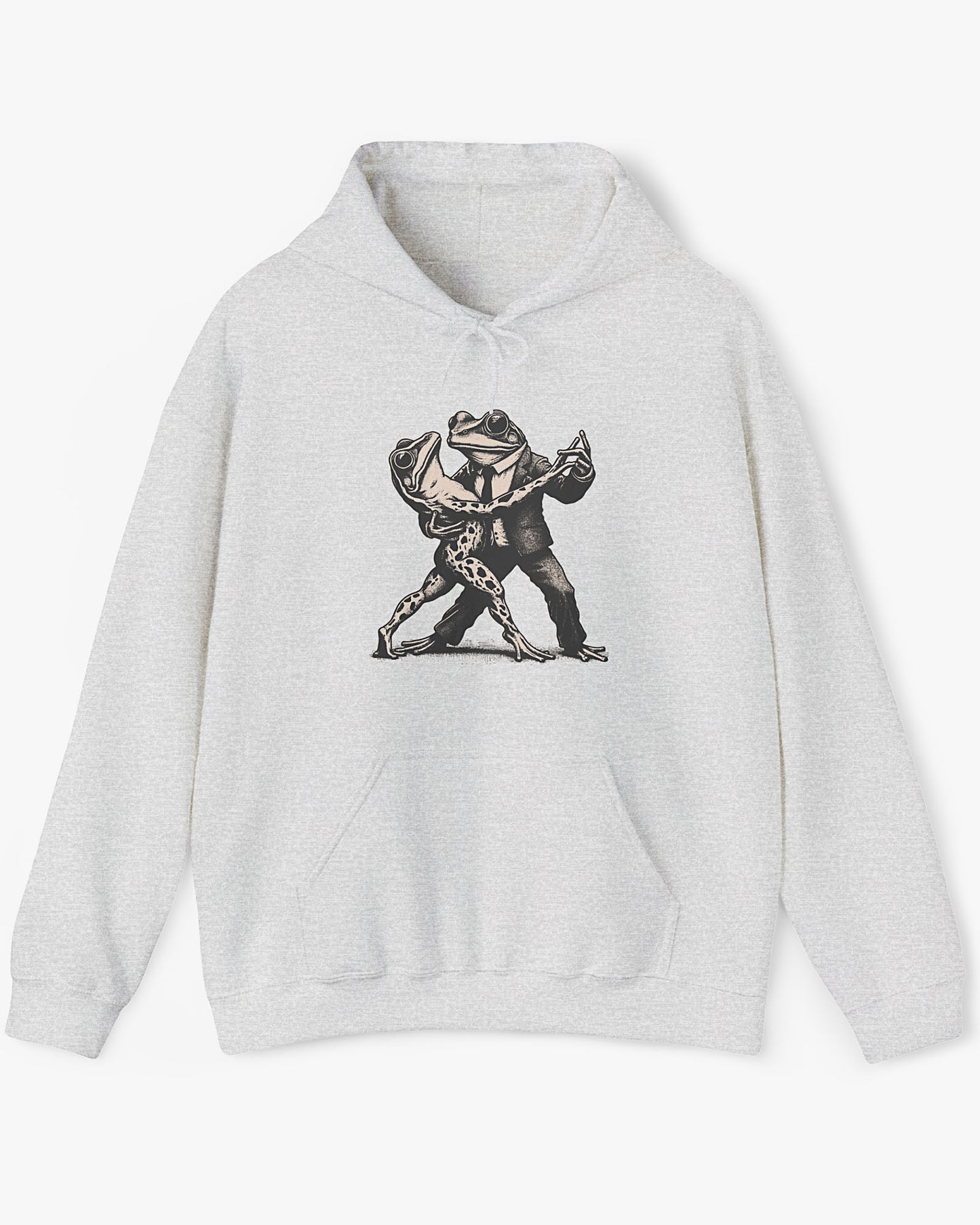 Flat lay ash gray hoodie with retro funny dancing frogs graphic
