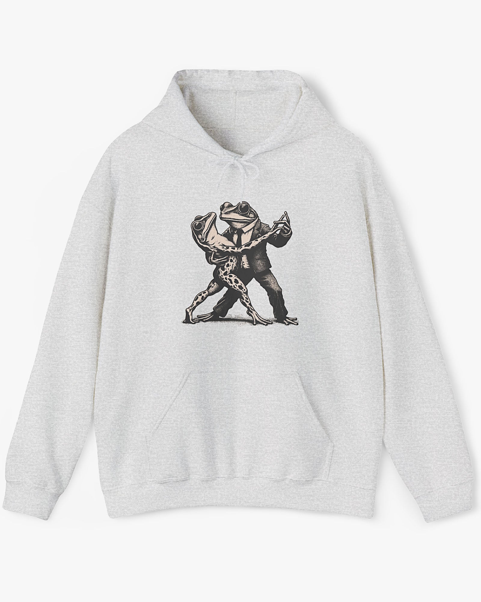 Flat lay ash gray hoodie with retro funny dancing frogs graphic