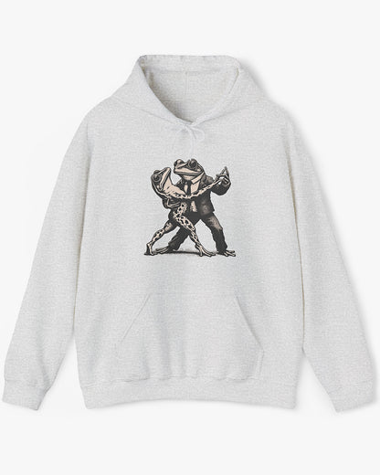 Flat lay ash gray hoodie with retro funny dancing frogs graphic