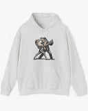 Flat lay ash gray hoodie with retro funny dancing frogs graphic