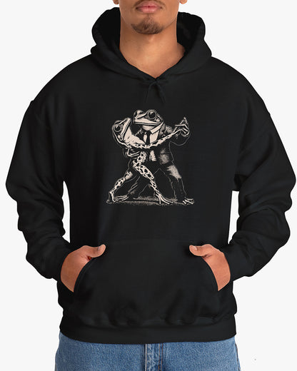 Man wearing black hoodie with retro funny dancing frogs graphic