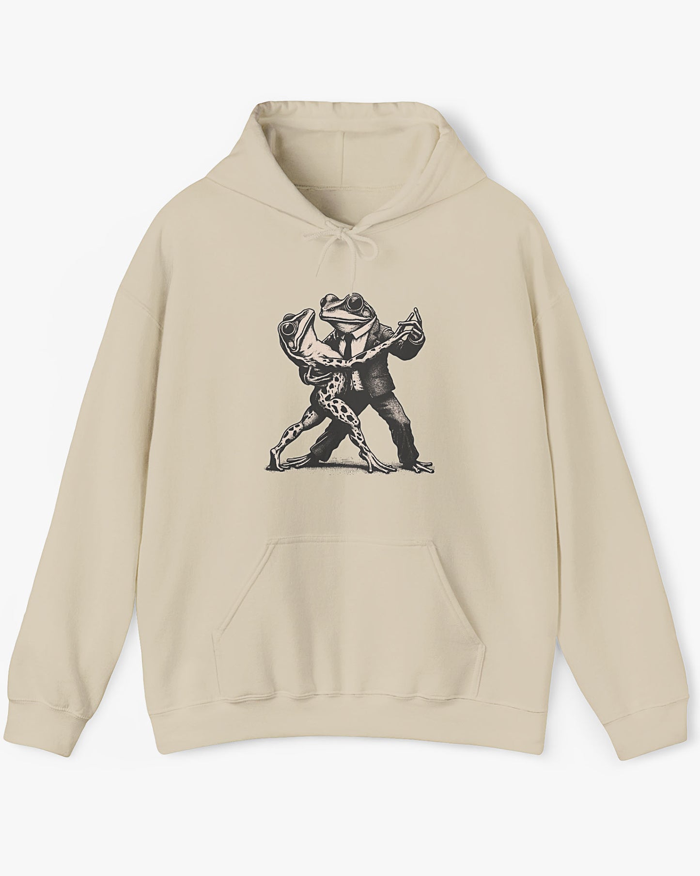Flat lay sand beige hoodie with retro funny dancing frogs graphic