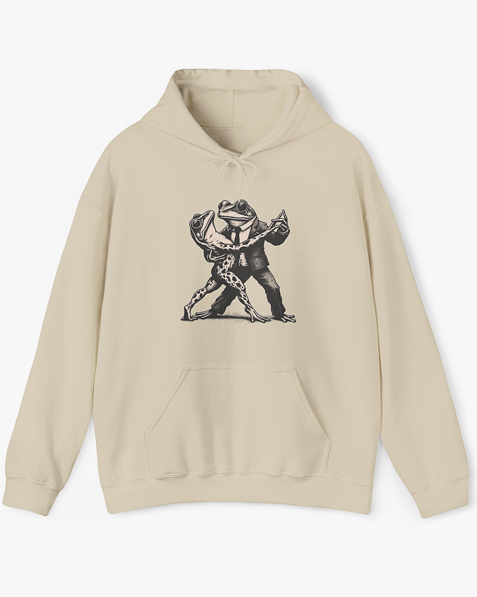 Flat lay sand beige hoodie with retro funny dancing frogs graphic
