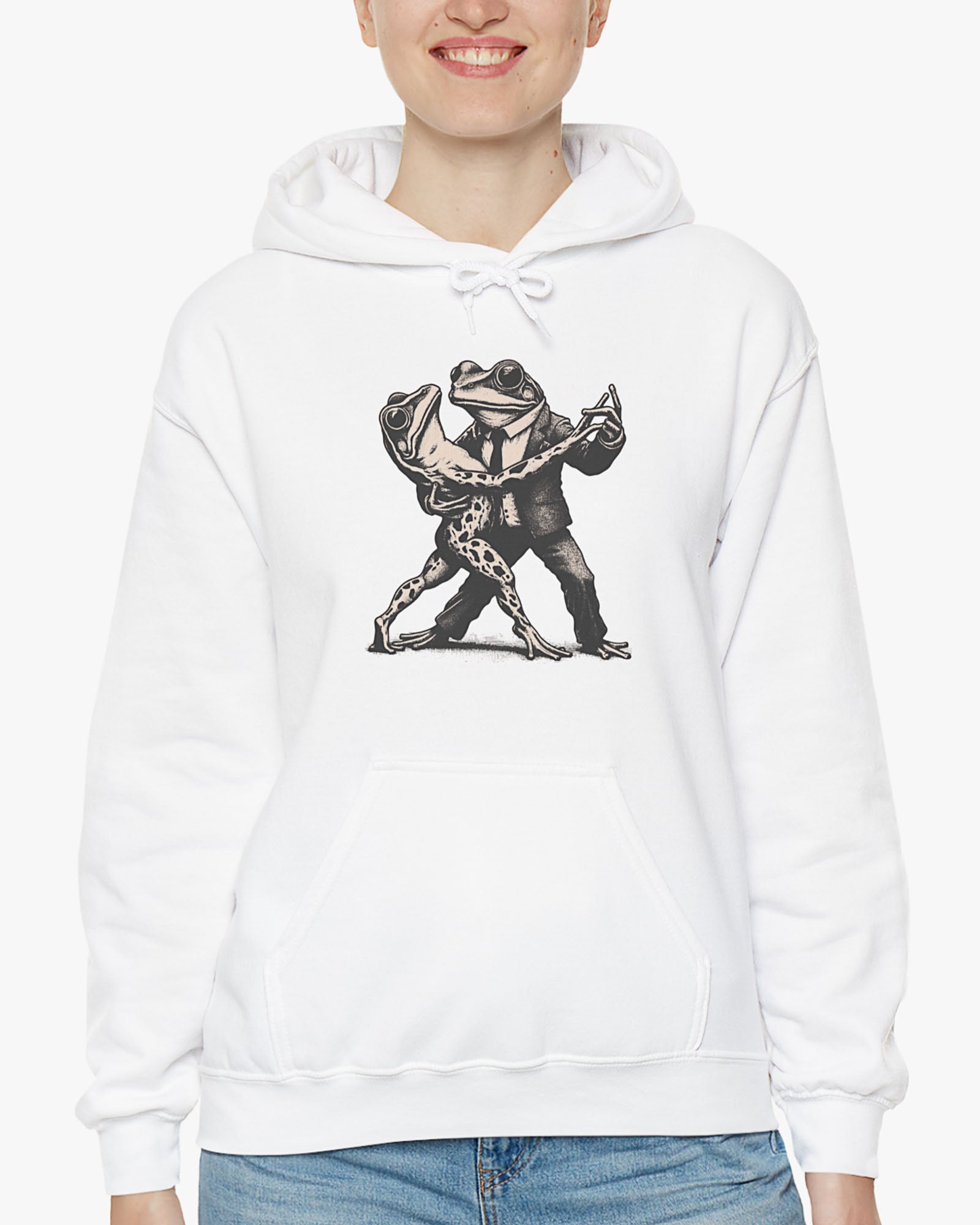 Woman wearing white hoodie with retro funny dancing frogs graphic