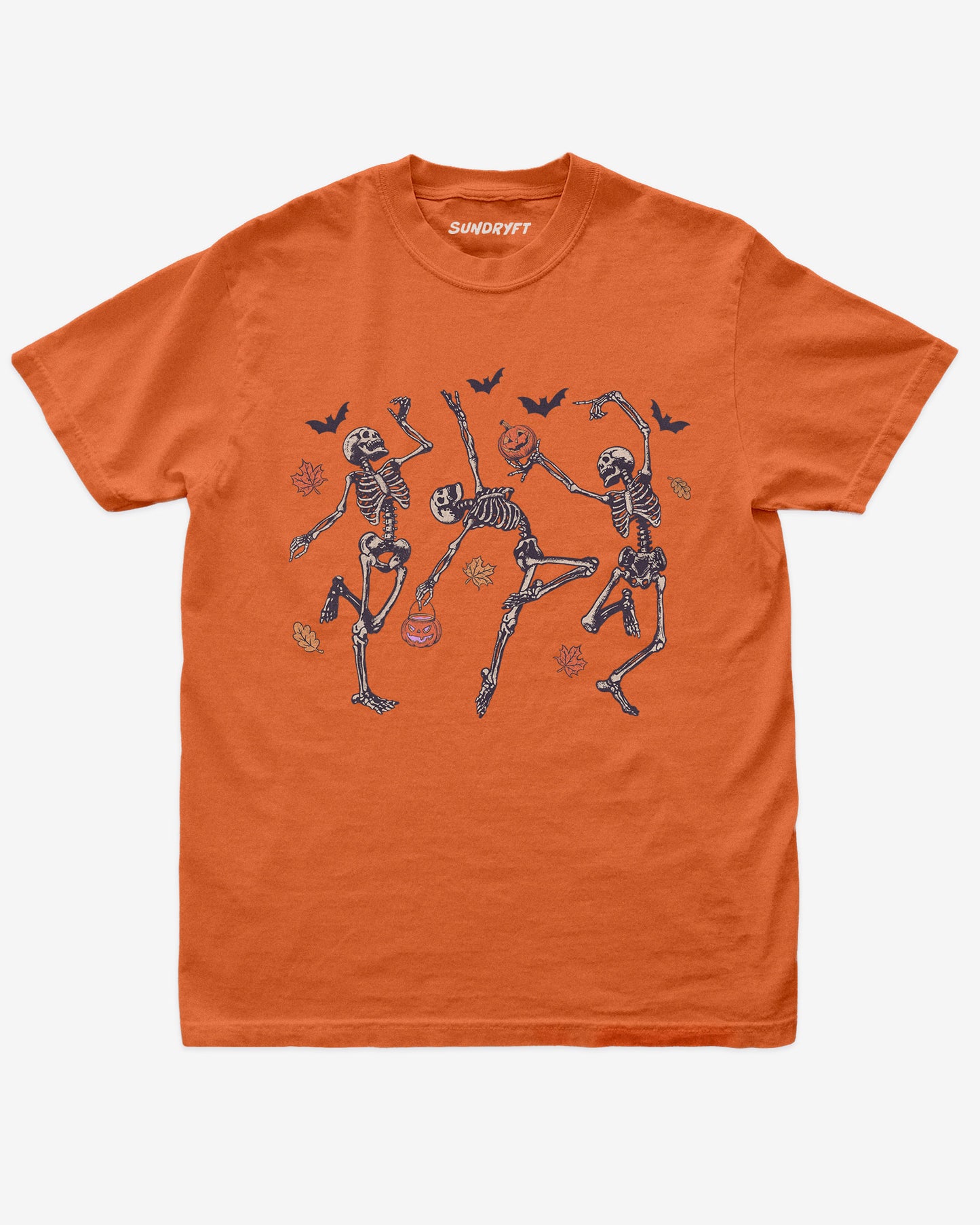 Dancing Skeletons shirt in burnt orange with Halloween graphic