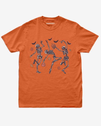 Dancing Skeletons shirt in burnt orange with Halloween graphic