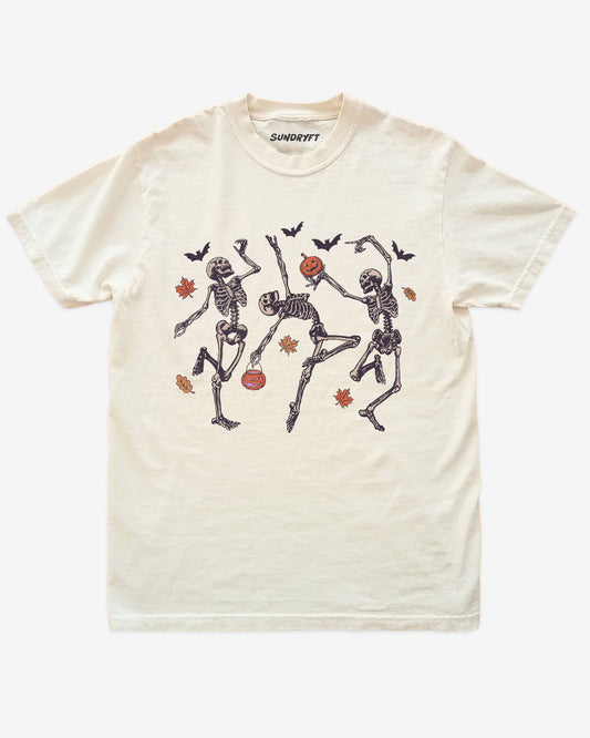 Dancing Skeletons shirt in ivory with Halloween graphic