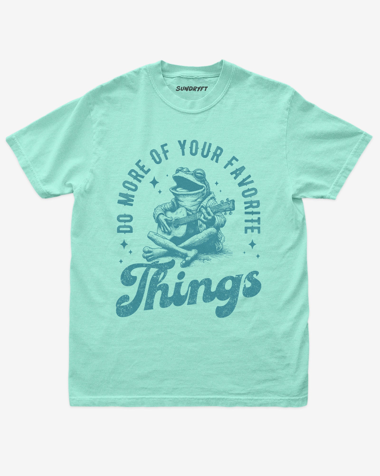 Do More Of Your Favorite Things shirt in island reef color with frog playing guitar graphic