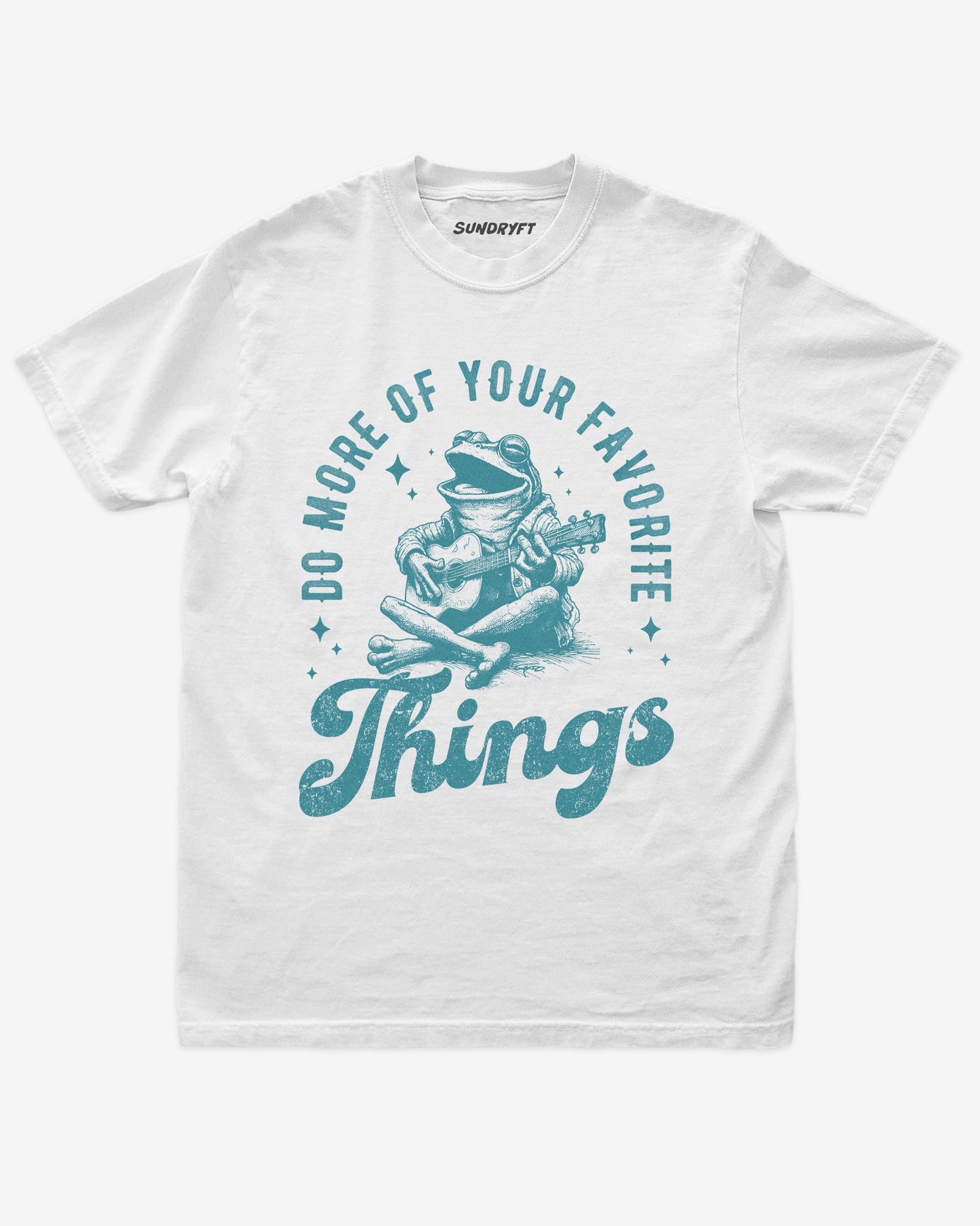 Do More Of Your Favorite Things shirt in white with frog playing guitar graphic