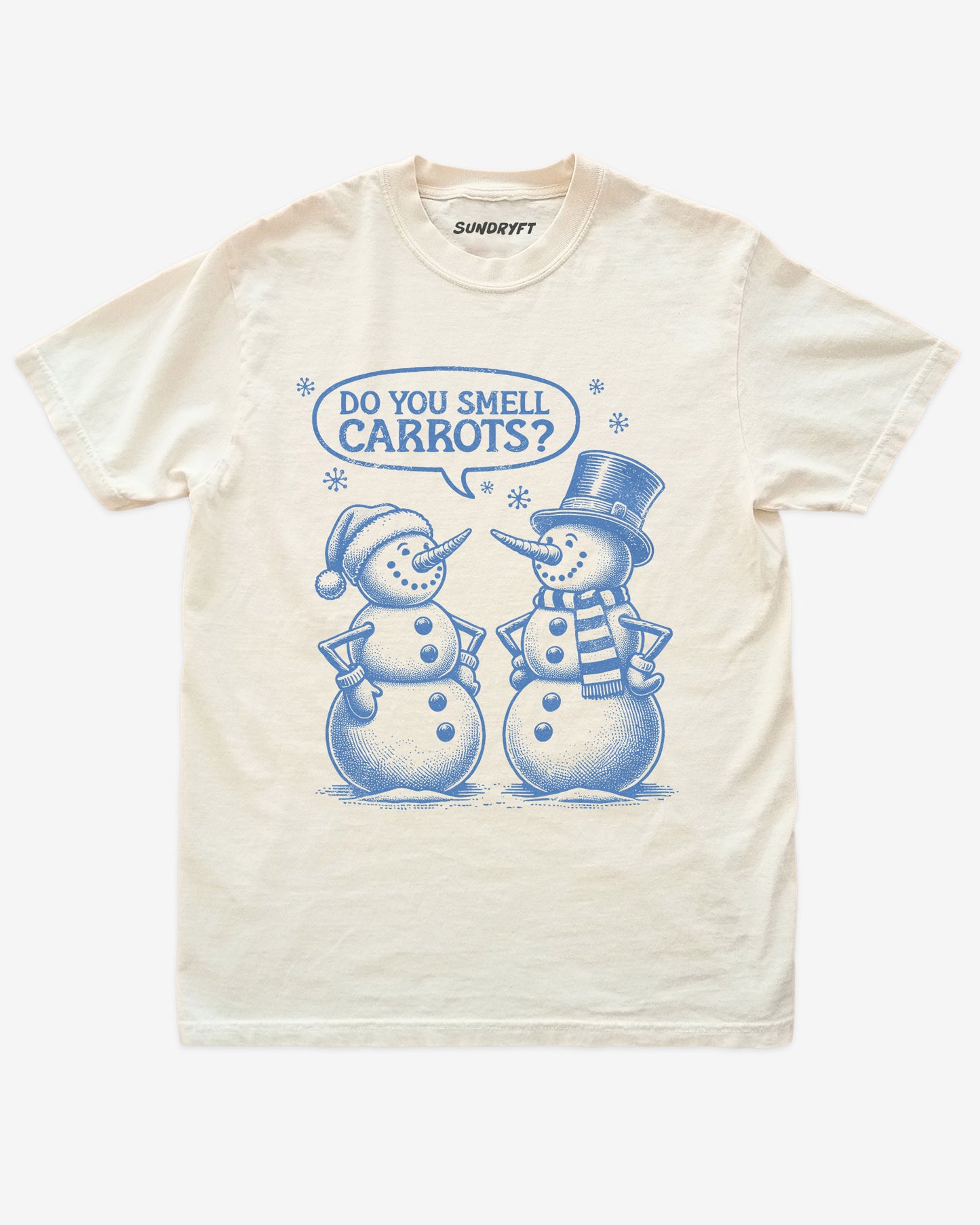 "Do You Smell Carrots?" shirt in ivory with snowmen graphic