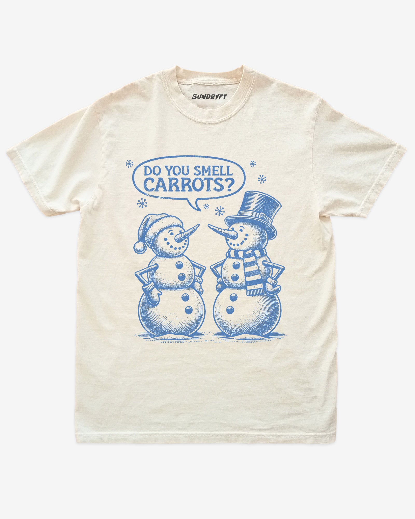 "Do You Smell Carrots?" shirt in ivory with snowmen graphic