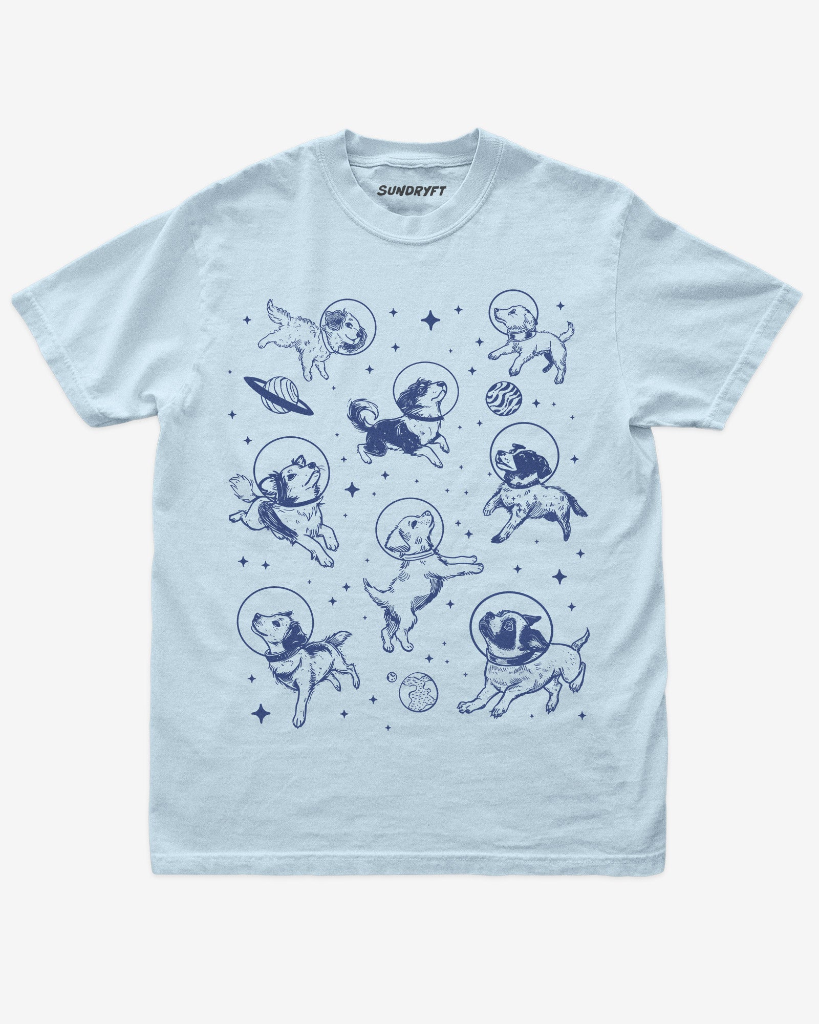 Flat lay of chambray Dogs In Space Shirt, retro 90s vintage graphic tee with funny astronaut dogs floating in space