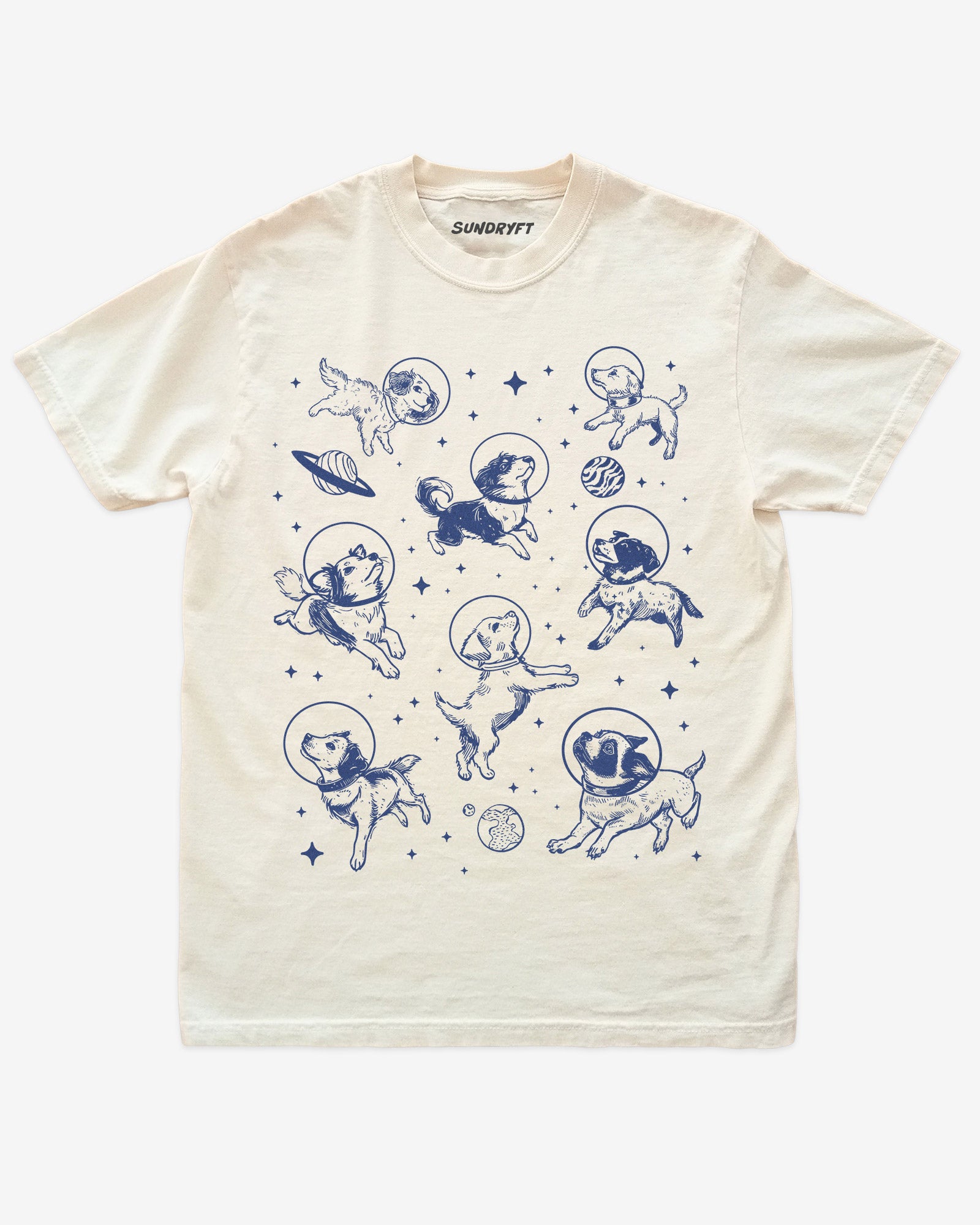 Dogs In Space Shirt, retro 90s vintage graphic tee with funny astronaut dogs floating in space