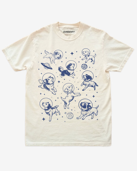 Dogs In Space Shirt, retro 90s vintage graphic tee with funny astronaut dogs floating in space