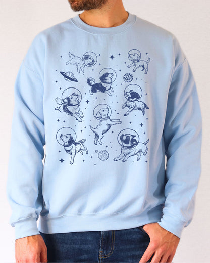 Model wearing light blue color sweatshirt with 'Dogs In Space' graphic design