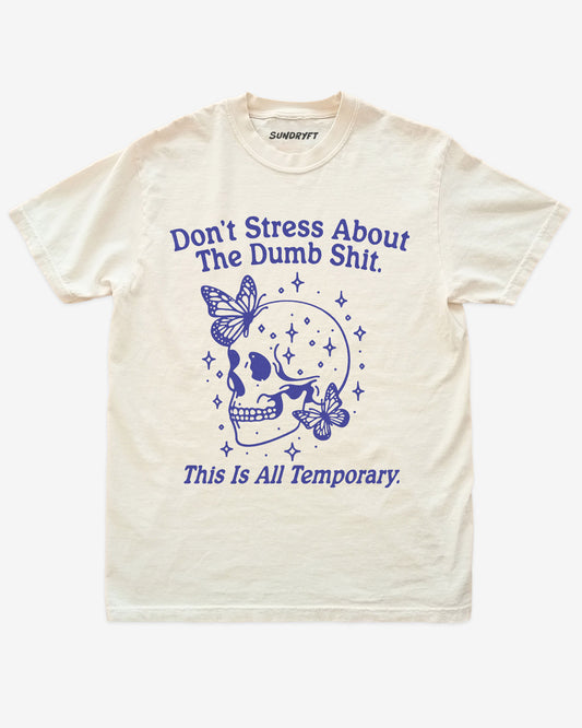 “Don’t Stress About The Dumb Shit This Is All Temporary” funny positive reminder shirt flat lay in ivory.